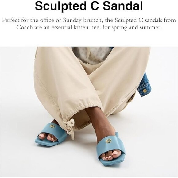COACH Women's Sculpt C Logo Leather Slide Flat Sandals Sz 8 Bluebell - Picture 2 of 4
